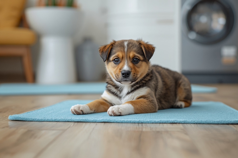 Filhote de cachorro deitado em tapete azul, representando conforto e bem‑estar em produtos pet.