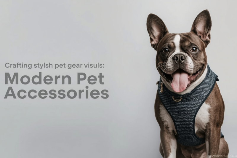  Cachorro usando colete moderno em fundo cinza, representando estilo e funcionalidade em produtos pet.