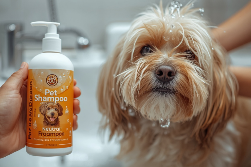 Cachorro de pelo claro sendo lavado com shampoo, representando cuidados e higiene em produtos pet.