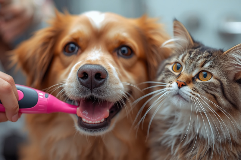  Cachorro e gato lado a lado durante escovação dental, representando cuidados essenciais em produtos pet.