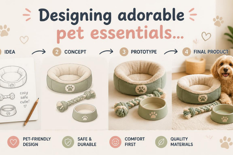 Coleção de acessórios e utensílios para pets, incluindo camas, tigelas e coleiras, representando estilo e conforto em produtos pet.
