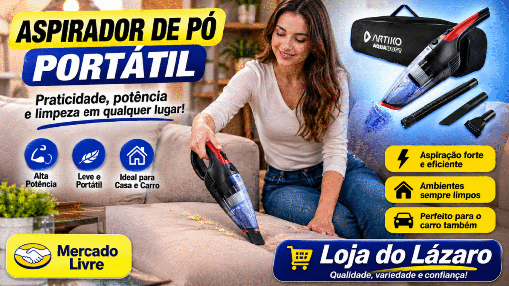Aspirador de Pó Portátil sendo usado por uma mulher na limpeza do sofá em uma sala