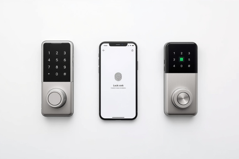 Modelos variados da melhor fechadura eletrônica ao lado de um smartphone com aplicativo de controle.