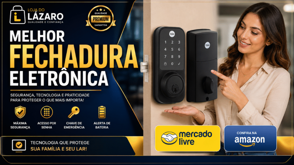 Melhor Fechadura Eletrônica instalada em porta residencial, oferecendo acesso por senha, mais segurança, praticidade e tecnologia para proteger sua casa.