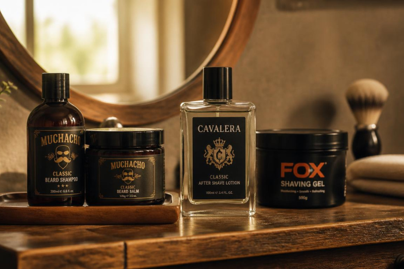 Frascos de loção e produtos de barbear organizados sobre uma bancada para ilustrar o melhor pós-barba.