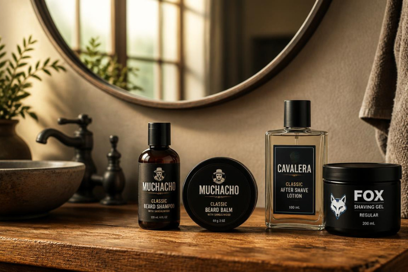 Produtos de barbear e pós-barba das marcas Muchacho, Cavalera e Fox dispostos em uma bancada para ilustrar o melhor pós-barba.