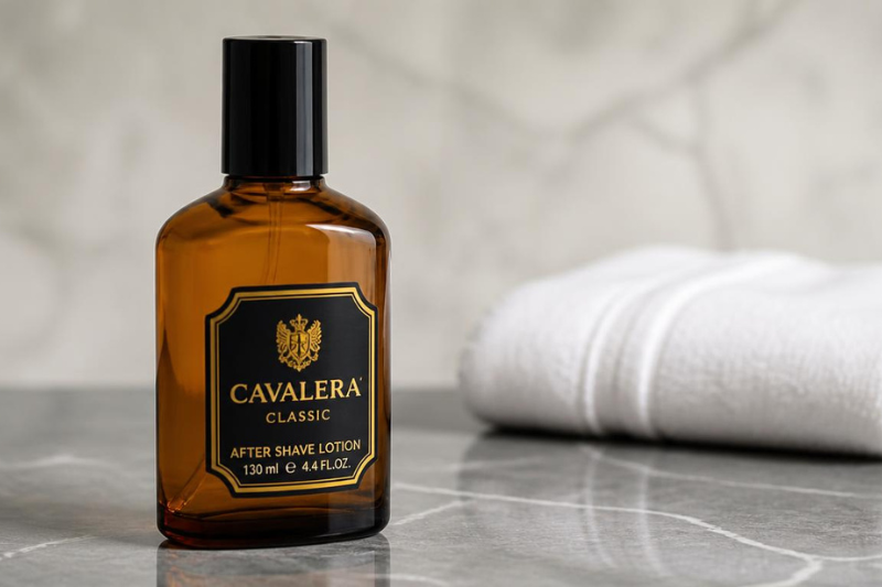 Frasco de loção pós-barba posicionado ao lado de uma toalha branca, representando o melhor pós-barba.