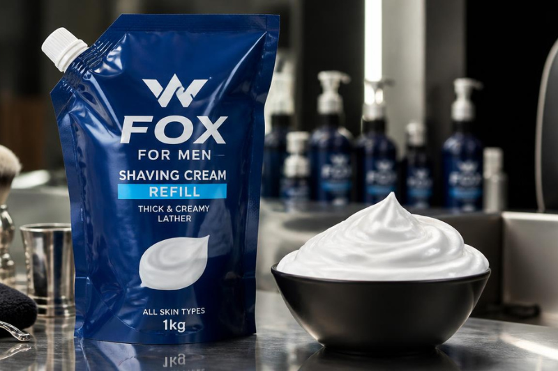 Embalagem refil de 1kg do Shaving Creme Fox For Men ao lado de um pote com espuma de barbear densa, ideal para preparar a pele antes do melhor pós-barba.