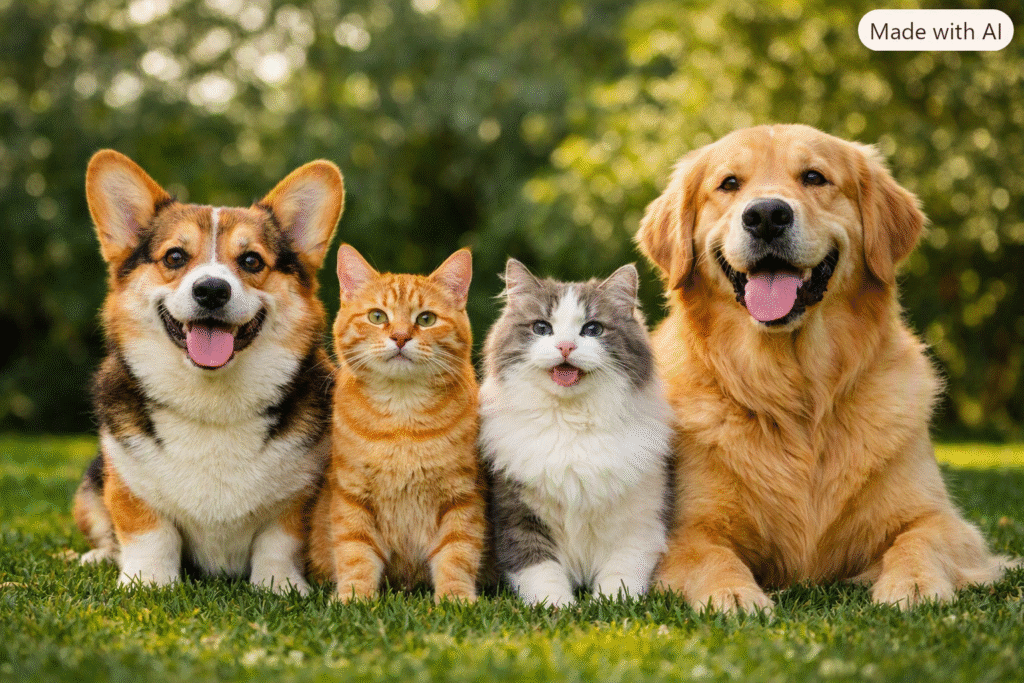 Cães e gatos felizes em ambiente natural, representando bem‑estar e saúde no artigo Top 10 rações para pets.