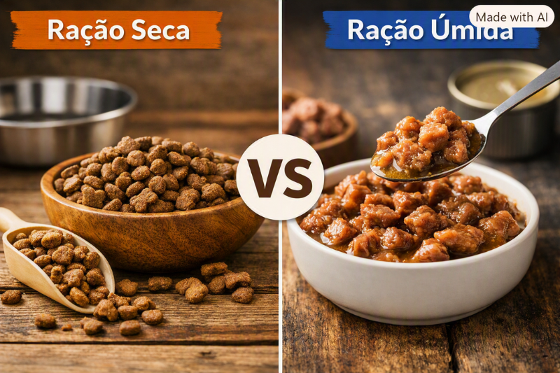 Comparação visual entre ração seca e úmida, ilustrando diferenças de textura e nutrição no artigo Top 10 rações para pets.