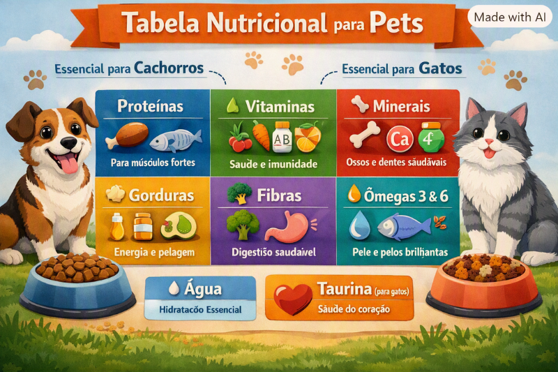 Infográfico colorido mostrando nutrientes essenciais para cães e gatos, reforçando o tema do artigo Top 10 rações para pets.