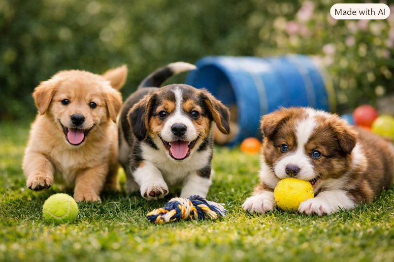 Três filhotes brincando em um jardim, representando energia e alegria no artigo Top 10 rações para pets.