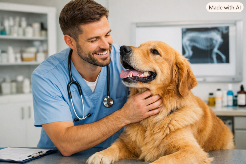Veterinário examinando um cão saudável em clínica, simbolizando cuidado e bem‑estar no artigo Top 10 rações para pets.