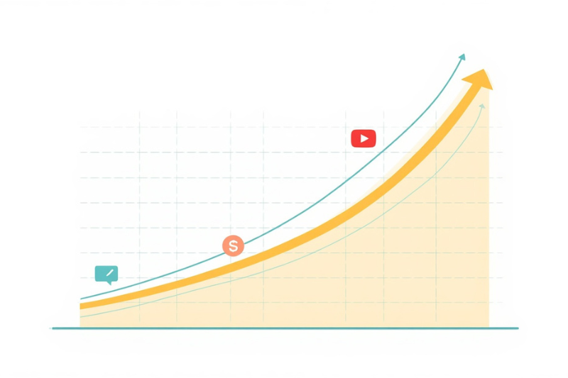 Gráfico simples mostrando linha de crescimento ascendente, representando o aumento de visualizações de quem consegue ganhar dinheiro no YouTube com constância