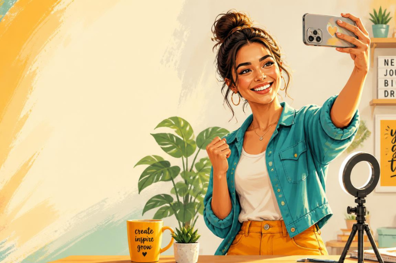 Mulher elegante sorrindo enquanto pensa em como ganhar dinheiro no YouTube trabalhando de casa